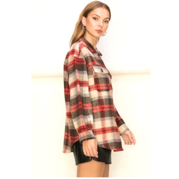 Hyfve Plaid Shacket Size Medium Red Black Cream - Picture 9 of 14